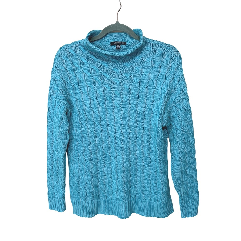 PARKHURST Womens Teal‎ Blue Cable Knit Funnel Neck Sweater S Cotton-Oversized